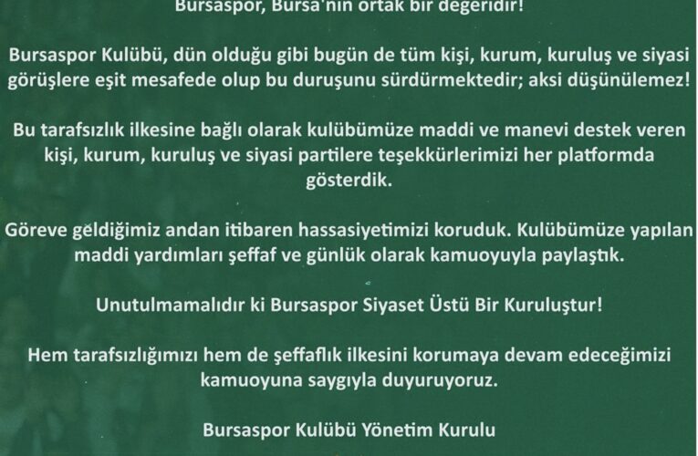 Bursaspor Kulübü: “Bursaspor siyaset üstü bir kuruluştur”