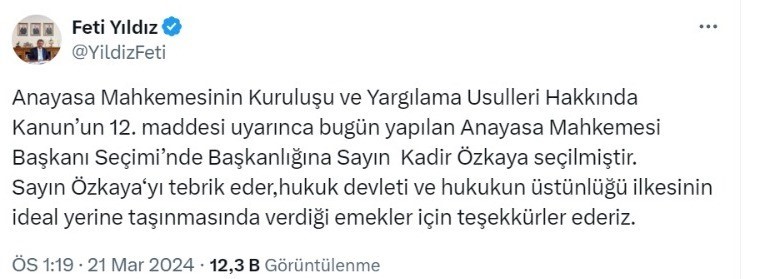 MHP Genel Başkan Yardımcısı Yıldız’dan AYM Başkanı Özkaya’ya tebrik